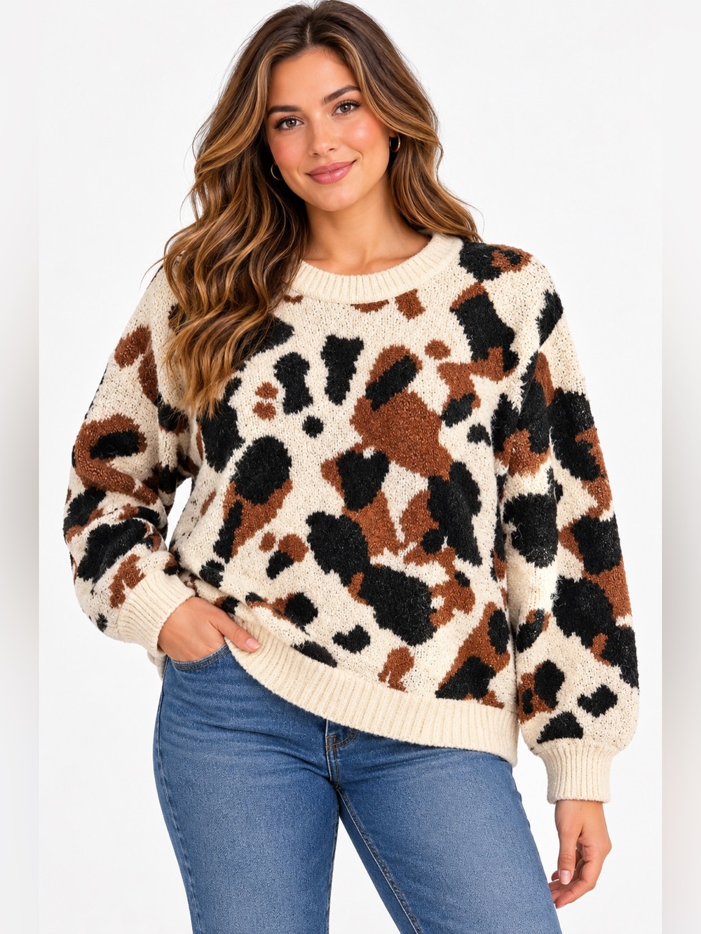 b.young Ovoa Cow Animal Print Sweater in Cream & Brown